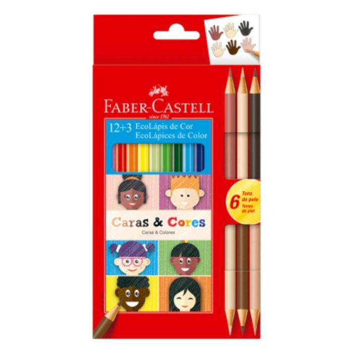 EcoLápices Largos de Color Faber Castell x12 + 3 EcoLápices Bicolor Tonos Piel Caras y Colores